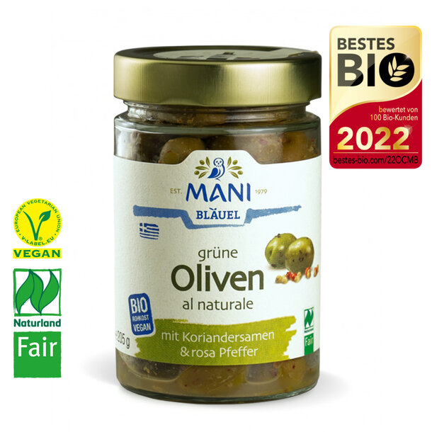 Green Olives al Naturale with Coriander Seeds & Pink Pepper, Organic, Vegan, Naturland Fair