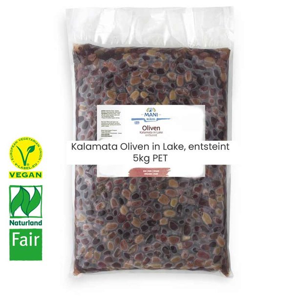 Kalamata olives in brine, pitted, organic, vegan, Naturland Fair 5kg PET bag