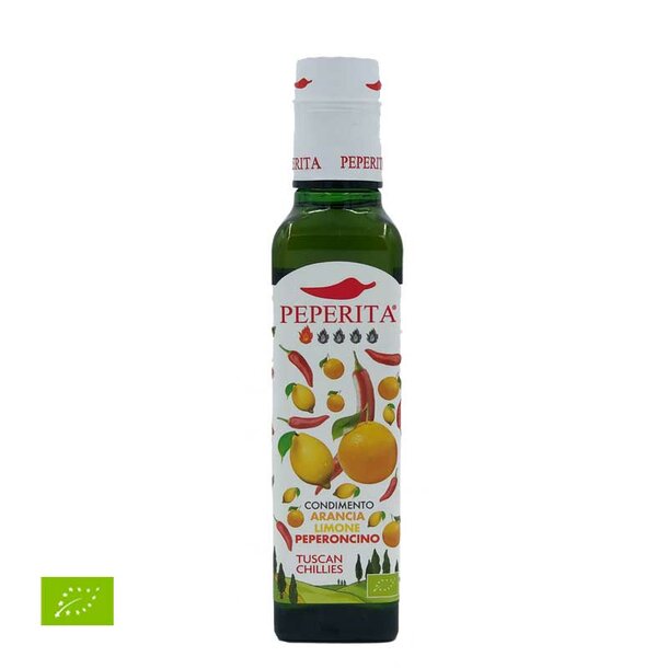 Olivenöl mit Zitrone, Orange & Peperoncino, Bio, 0,25l Flasche