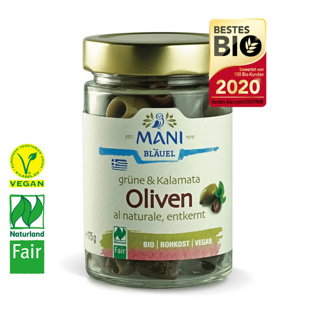 Grüne & Kalamata Oliven al naturale,entkernt, Bio, Vegan, Naturland-Fair