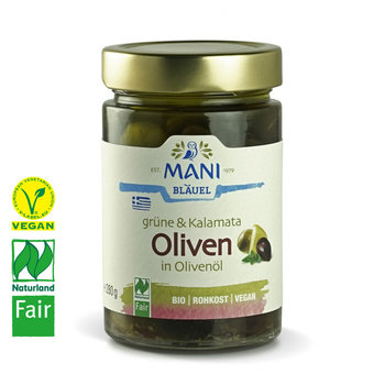 Green and Kalamata olives in olive oil, organic, vegan, Naturland Fair